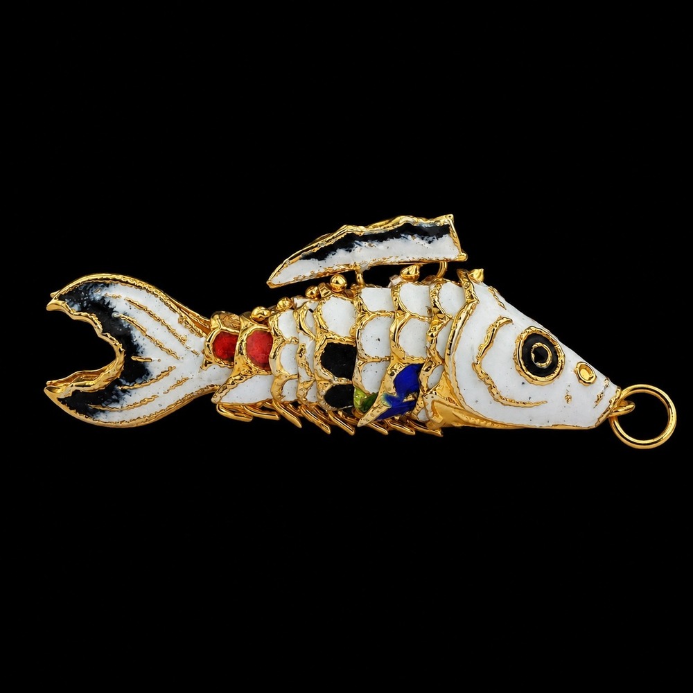 Vintage Articulated Koi Fish Pendant Cloisonne Enamel Gold Tone Moving Charm 2in